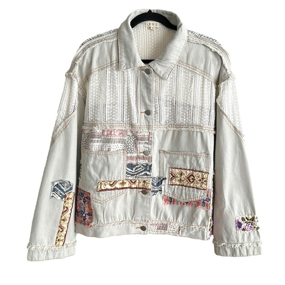 POL Patchwork Lace Oversized Denim Jacket Light Wash Bohemian Frayed Edge Large - Picture 15 of 15